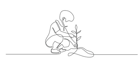 continuous line of boy planting tree seedlings.one line drawing of boy planting seeds.single line vector illustration of go green symbol sign.isolated white background