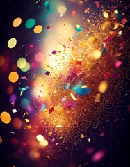 Dynamic explosion of colorful confetti and streamers in mid-air, with a blurred festive background and bright lights, leaving space for text placement