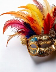 Luxurious Venetian carnival mask with intricate golden details and colorful feathers, isolated on a clean white background with soft shadows, leaving empty space for text overlay