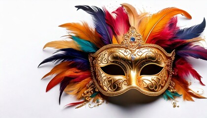 Luxurious Venetian carnival mask with intricate golden details and colorful feathers, isolated on a clean white background with soft shadows, leaving empty space for text overlay