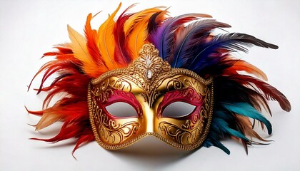 Luxurious Venetian carnival mask with intricate golden details and colorful feathers, isolated on a clean white background with soft shadows, leaving empty space for text overlay