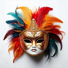 Luxurious Venetian carnival mask with intricate golden details and colorful feathers, isolated on a clean white background with soft shadows, leaving empty space for text overlay