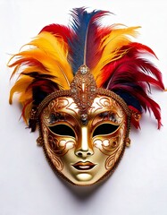 Luxurious Venetian carnival mask with intricate golden details and colorful feathers, isolated on a clean white background with soft shadows, leaving empty space for text overlay