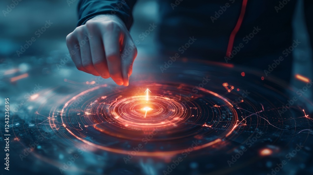 Poster a glowing interface is touched by a hand, surrounded by intricate patterns and cosmic elements, evok