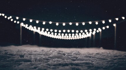 Fototapeta premium A serene winter scene with glowing string lights illuminating a snowy landscape at night, creating a magical and tranquil atmosphere.