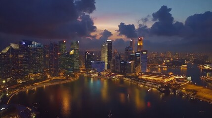 Fototapeta premium A stunning aerial view of a vibrant city skyline at dusk, reflecting lights on the water.