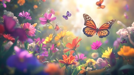 A vibrant watercolor background with colorful butterflies and flowers
