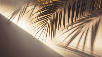 Obraz premium Elegant play of light and shadow from palm leaves against a soft beige wall, creating a serene and tranquil atmosphere.
