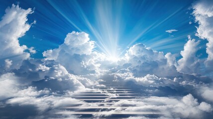 A breathtaking view of glowing clouds with rays of sunlight piercing through, creating a serene and uplifting atmosphere in a vibrant blue sky.