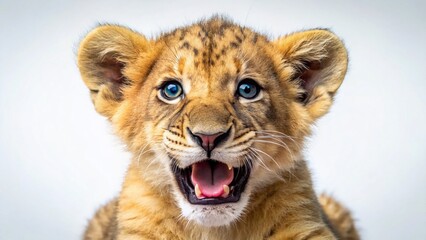 Fototapeta premium Adorable Baby Lion Cub Roaring Open Mouth, Wildlife Animal Photography, Cute Jungle Cat
