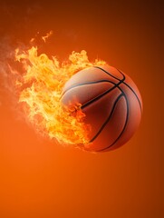 Obraz premium Flaming Basketball Flying Across Orange Background Symbolizing Explosive Energy Intense Competition and High Impact Professional Sports Action
