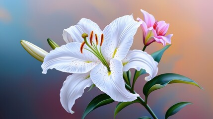 Obraz premium White And Pink Lilies Closeup Soft Lighting Pastel Background