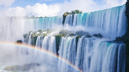 A stunning view of a majestic waterfall, with vibrant blue waters cascading down rocky cliffs, enhanced by a rainbow arching across the misty landscape.