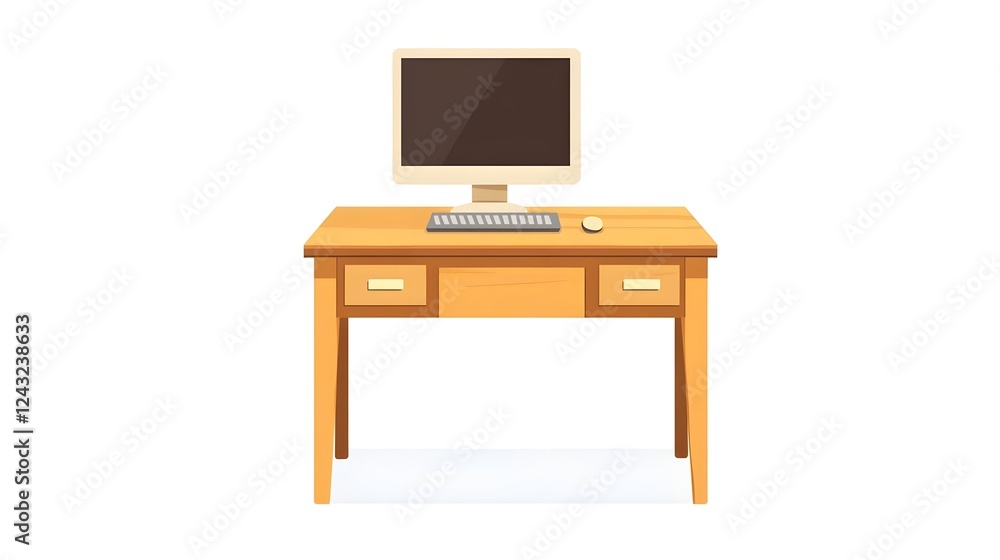 Poster a minimalist wooden desk with a computer and keyboard, set against a clean white background