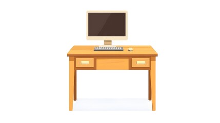 A minimalist wooden desk with a computer and keyboard, set against a clean white background