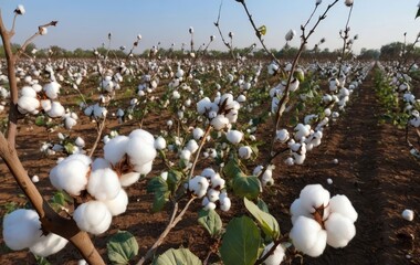 A close-up of cotton balls on branches in a cotton field