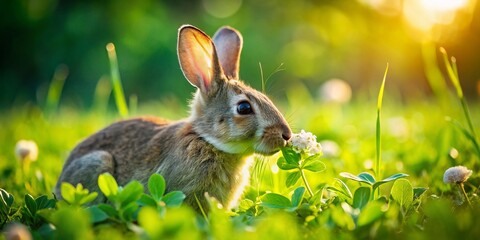 Adorable Bunny Rabbit Enjoying Clover in Lush Green Meadow - Springtime Nature Stock Photo