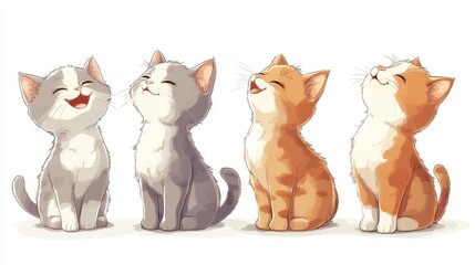 Adorable Cartoon Kittens Sitting Together with Whimsical Expression. Four cartoon-style kittens sitting closely together, showcasing cheerful and whimsical emotions, with a bright, playful design.