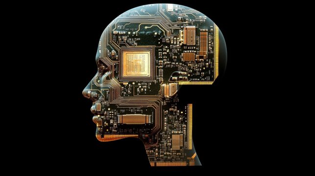 Abstract circuit chip hologram in robot head. Computing and innovation concept. 3D Rendering