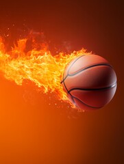 Fototapeta premium Burning Basketball Surrounded by Flames on Orange Scene Symbolizing High Stakes Action Aggressive Play and Athletic Intensity