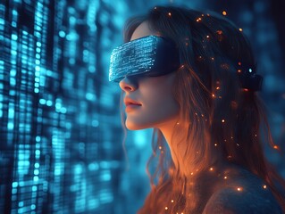 Woman in VR headset viewing digital data stream.