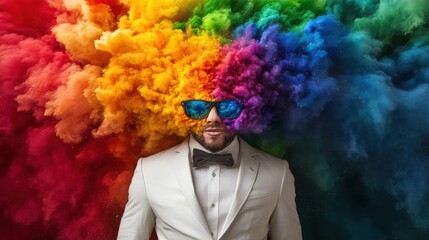 A man in a white suit is engulfed in a vibrant explosion of rainbow-colored powder, creating a surreal and artistic scene.