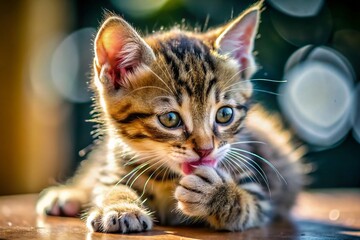 Naklejka premium Adorable Kitten Licking Paw: Close-up Documentary Style Photo
