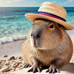 Photo of a capybara vacationing by the sea with a straw hat,