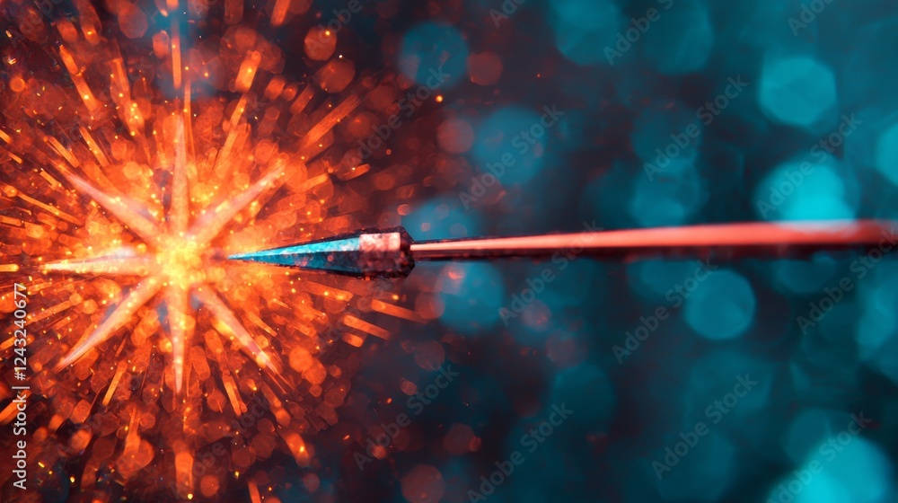 Poster a vibrant spark burst emanates from a pointed tip, radiating fiery orange against a cool blue backgr