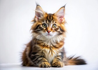 Fototapeta premium Adorable Maine Coon Kitten Side Profile, Long Exposure, White Background Stock Photo