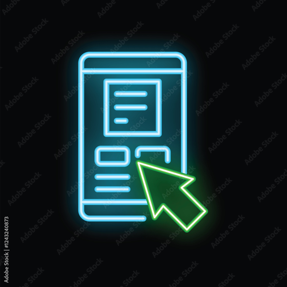 Poster neon smartphone with mouse arrow clicking on button on black background representing mobile browsing