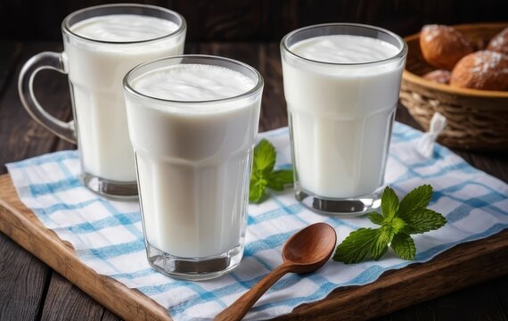 A glass of ayran or kefir drink with a spoonful of yogurt in it