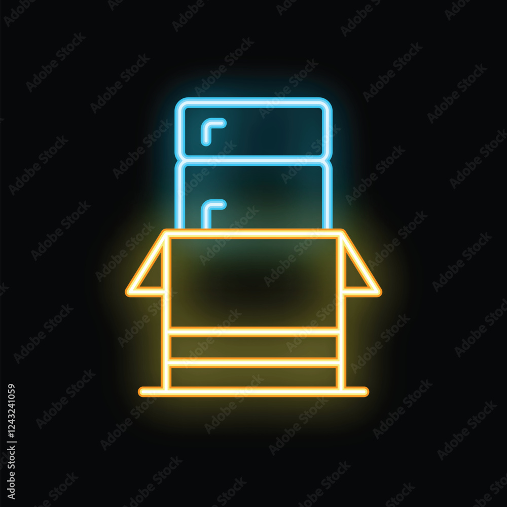 Poster glowing neon servers inside open cardboard box representing data center, cloud computing, and data s