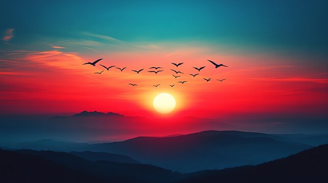 A breathtaking sunset over a mountain range, with a vibrant sky painted in hues of orange, pink, and blue