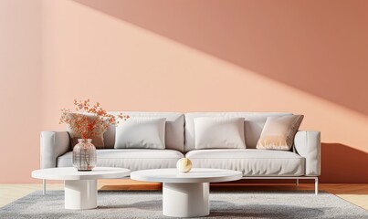 Minimalist living room interior with white couch and coffee tables. a vase with dried flowers on one table and a golden sphere on the other. in front of a peach-colored wall with sunlight