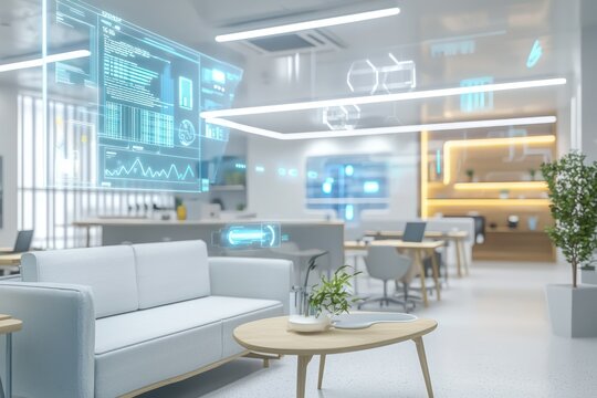 Coworking spaces integrate mixed reality interfaces for dynamic data visualization.