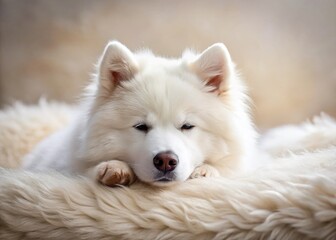 Obraz premium Adorable Samoyed Puppy Sleeping Peacefully on Soft Blanket - Stock Photo