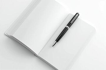 A Sleek Black Pen with Silver Accents Resting Diagonally on a Blank Notebook – Minimalist Composition with Soft Shadows, Glossy Finish, and a Professional Aesthetic