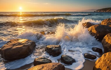 Waves crashing onto a rocky beach with a beautiful sunset in the background