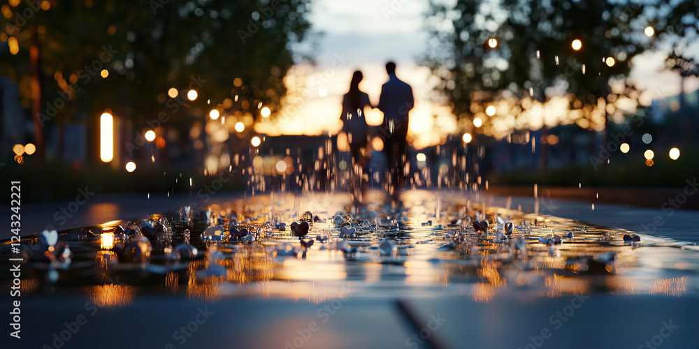 Poster heart-shaped objects in a dusk water feature