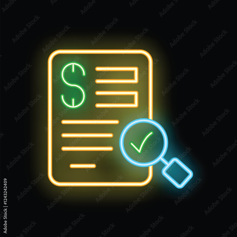 Poster glowing neon icon representing financial document verification, auditing, or validation process