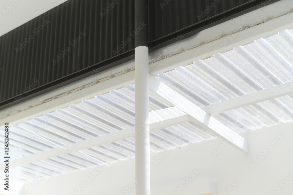 Poster modern architectural design featuring white structure with corrugated roofing. clean lines and minim
