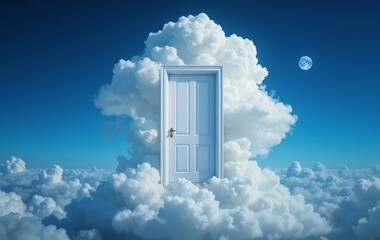 A white door standing on a cloud with a full moon in the distance against a blue sky with a cloud in the middle.