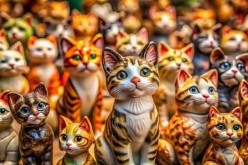 Adorable Small Porcelain Cat Figurines, High-Detail Close-up Stock Photo