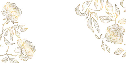 Vector gold rose line background, flower illustration, border, frame. Plant chinese linear blossom, royal elegant ornament