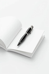 A Sleek Black Pen with Silver Accents Resting Diagonally on a Blank Notebook – Minimalist Composition with Soft Shadows, Glossy Finish, and a Professional Aesthetic