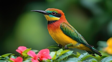 Fototapeta premium Colorful Bee Eater Bird Perched on Green Leaves