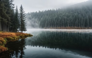 A foggy morning with trees and their reflection in a lake