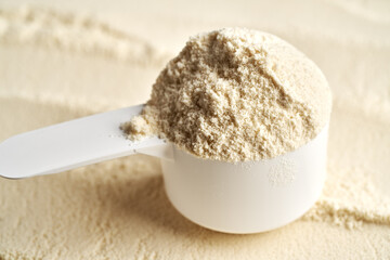 Whey protein powder in a measuring spoon