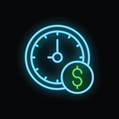 Fototapeta premium Neon sign representing the concept of time being money, with a clock and a dollar symbol